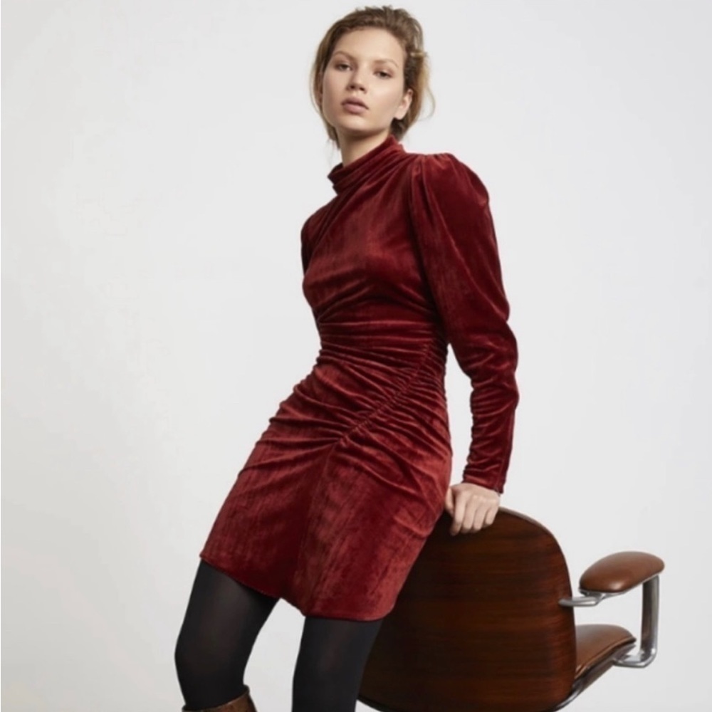 A.l.c. Marcel Ruched Velvet Mini Dress in Sumac Rust Burnt Orange 12 - Picture 4 of 15